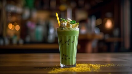A glass of vibrant green matcha smoothie on a wooden table