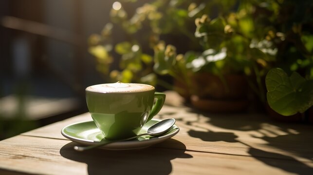 A cup of frothy matcha latte sits on a table outside on a sunny day