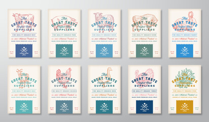 Risograph Effect Meat Poultry and Vegetables. Vintage Vector Food Packaging Design Labels Templates Collection Retro Typography Banners with Hand Drawn Domestic Animals Birds and Vegs Silhouettes Set