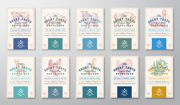 Risograph Effect Meat Poultry and Vegetables. Vintage Vector Food Packaging Design Labels Templates Collection Retro Typography Banners with Hand Drawn Domestic Animals Birds and Vegs Silhouettes Set