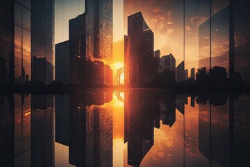 Obraz na płótnie Canvas reflection of skyscrapers, with view of the sun setting behind them, created with generative ai