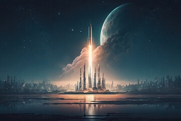 rocket launch, with view of city and distant stars in the background, created with generative ai