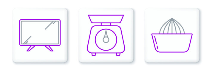 Set line Citrus fruit juicer, Smart Tv and Scales icon. Vector