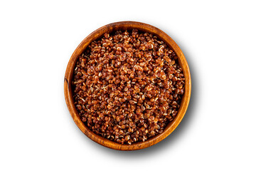 Cooked red quinoa bowl. Up view studio shoot isolated on white background.