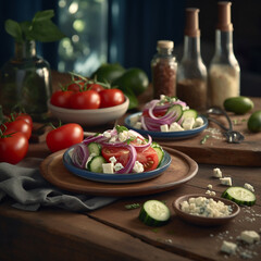 Greek salads with tomato and feta cheese. AI generativ.