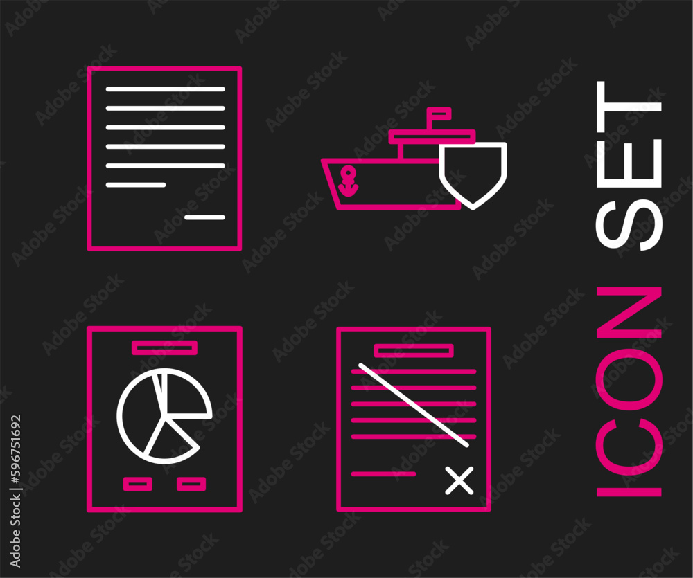 Poster set line delete file document, document with graph chart, ship shield and icon. vector