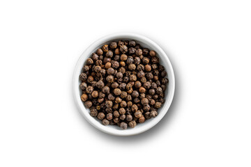 Black pepper seeds bowl. Up view studio shoot on white background.