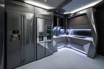 futuristic kitchen with sleek metallic finishes, state-of-the-art appliances, and futuristic lighting, created with generative ai