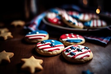 sugar cookies decorated for 4th of July Independence day celebration in America. Icing and sprinkles in red, white, and blue.