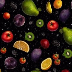 Fototapeta na wymiar Seamless texture pattern background of healthy fruits and vegetables drops of water isolated on black background,