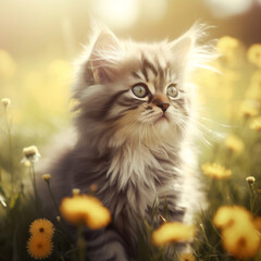 Naklejka na ściany i meble Fluffy kitten sits in the garden on the grass around the flowers dandelions, generated by AI