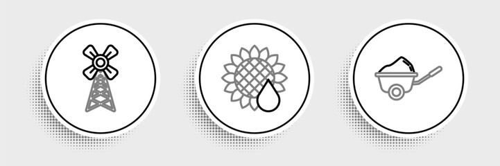Set line Wheelbarrow with dirt, Windmill and Sunflower icon. Vector