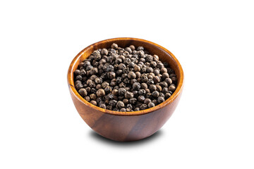 Fototapeta na wymiar Black pepper seeds bowl. 45 degrees studio shoot on white background.
