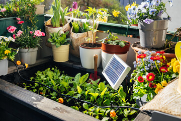 Solar battery in high garden bed on balcony for smart gardening. Alternative energy from the sun