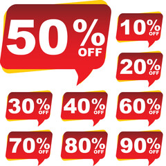 Sale tag bubble shape red and slightly yellow with different discount sets. 10, 20, 30, 40, 50, 60, 70, 80 and 90 percent price banner label sticker for price discount