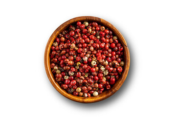 Red pepper seeds bowl. Up view studio shoot on white background