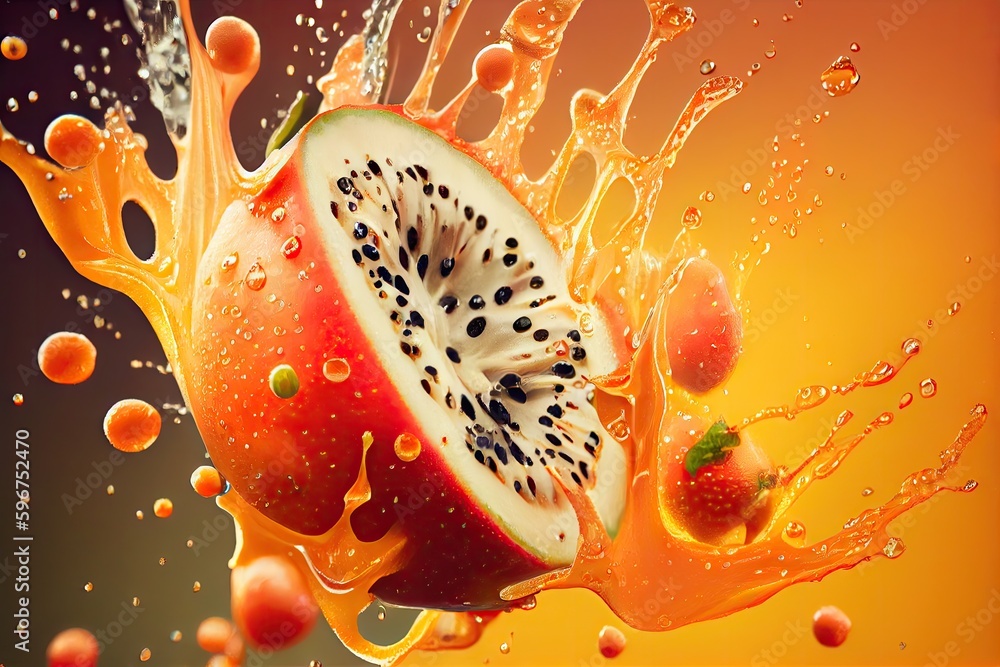 Canvas Prints close-up of juicy summer fruit, with droplets of juice and seeds flying in the air, created with generative ai