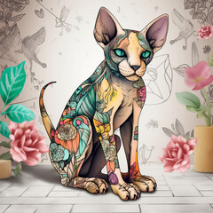 sphinx cat with a pattern on the skin like a tattoo, generated by AI