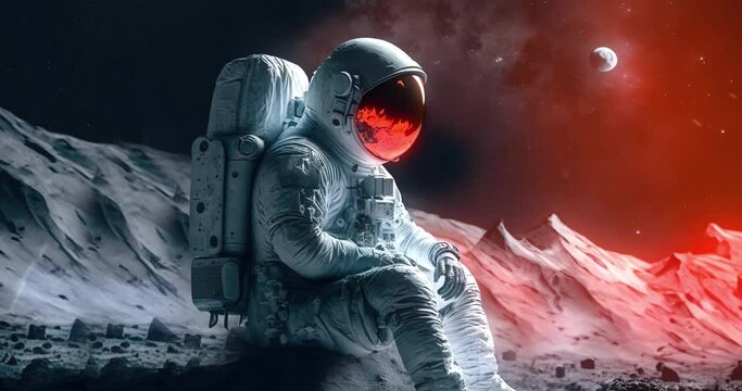 Astronaut sitting and exploring on moon, created using generative ai technology