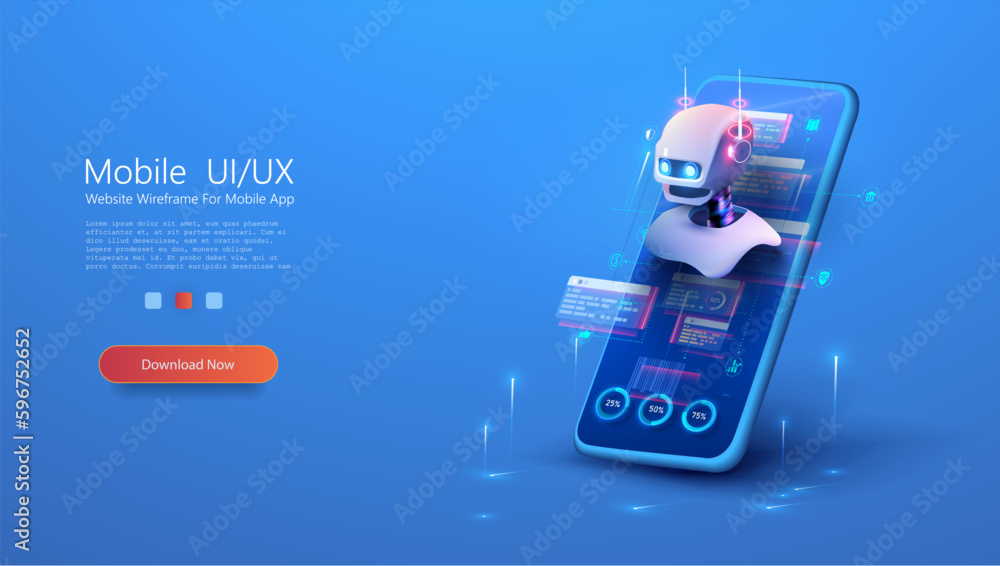Poster cute neon cartoon robot. ai content generator. chatbot technology, isometric. technology and enginee