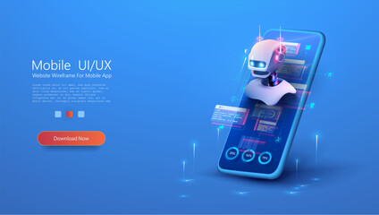 Naklejka na ściany i meble Cute neon cartoon robot. AI Content Generator. Chatbot technology, isometric. Technology and engineering. AI chat bot based on artificial intelligence and neural networks. Online training banner.