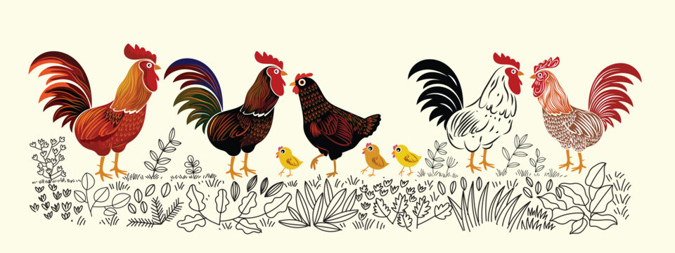 Set of chicken hen rooster icon character hand drawn vector illustration. Pet poultry farm animal symbol.