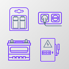 Set line Electrical panel, Car battery, outlet and Battery in pack icon. Vector