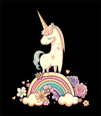 Cute child unicorn on rainbow in flowers. Kawaii cartoon character fairy little horse animal with horn. Vector illustration for birthday card design, baby shower, pastel color unicorns invitation