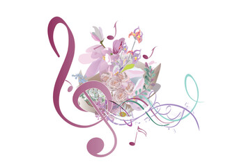 Abstract treble clef decorated with summer, autumn, winter and spring decorations: flowers, leaves, notes, birds. Hand drawn musical vector illustration.