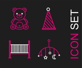 Set line Baby crib hanging toys, cradle bed, Party hat and Teddy bear plush icon. Vector
