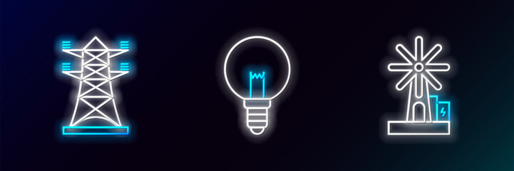 Set line Wind turbine, High voltage power pole line and Light bulb icon. Glowing neon. Vector