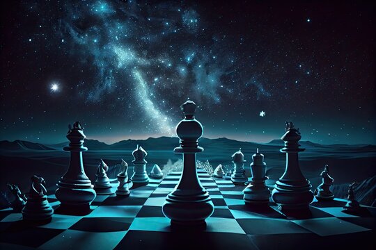 a surreal chess game, with a night sky and stars in the background, created with generative ai