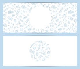 Medical templates in white and light blue colors. Minimal flat line medical and healthy related icons. Vector horizontal medical banners, posters, patterns.