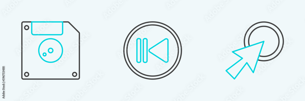 Poster set line arrow cursor, floppy disk for computer data storage and rewind icon. vector