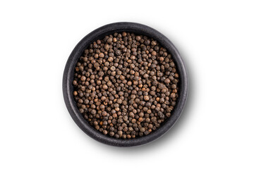 Black pepper seeds bowl. Up view studio shoot on white background.