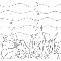Coloring book the seabed with algae and rocks. Black outline sketch for kids.