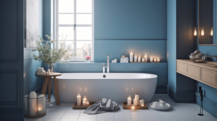 Modern Scandinavian style bathroom with calming blue walls. Generative AI