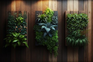 a trio of vertical gardens with different plants on a natural wood wall, created with generative ai
