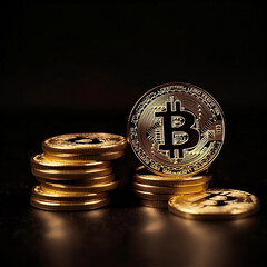 Stack of Bitcoin coins on black background