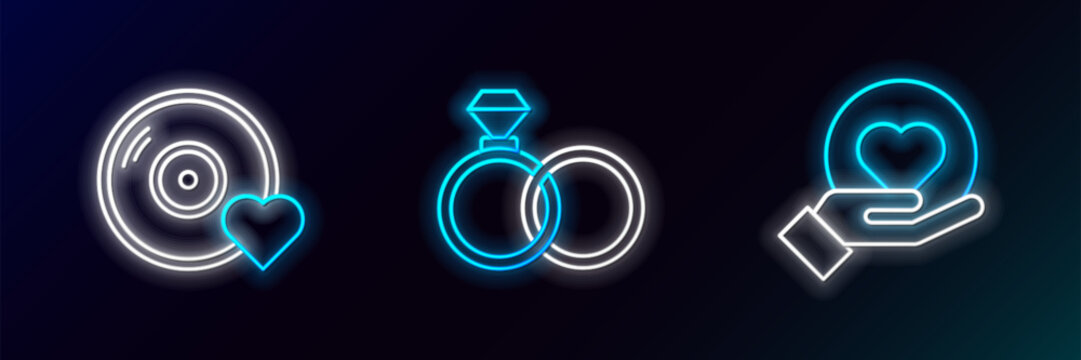 Set line Heart on hand, Romantic music and Wedding rings icon. Glowing neon. Vector