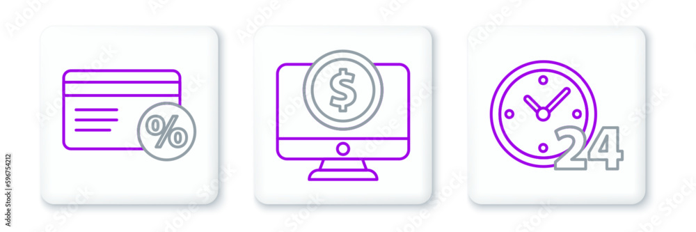 Poster set line clock 24 hours, discount card with percent and computer monitor dollar icon. vector