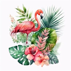 Watercolor tropical flower with pink flamingo, palm leaves, monstera and anthurium isolated on white background, Generative AI