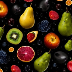 Fototapeta na wymiar Seamless texture pattern background of healthy fruits and vegetables drops of water isolated on black background,
