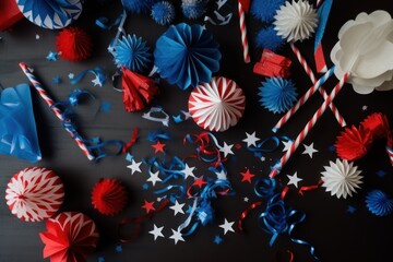 4th of July American Independence Day. Happy Independence Day. Red, blue and white star confetti, paper decorations on white background. Flat lay, top view