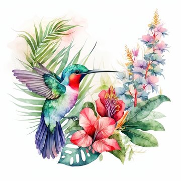 Watercolor tropical flower with hummingbirds, palm leaves, monstera and anthurium isolated on white background, Generative AI