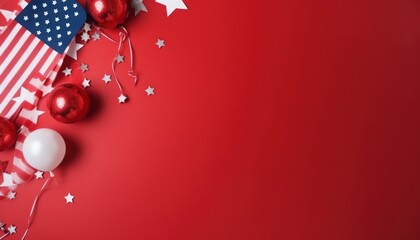 4th of July American Independence Day. Happy Independence Day. Red, blue and white star confetti, paper decorations on white background. Flat lay, top view, copy space