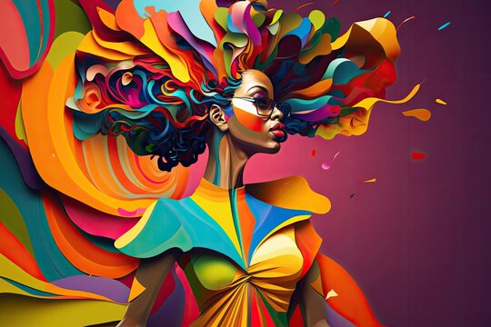 woman, confidently strutting her stuff in colorful, created with generative ai