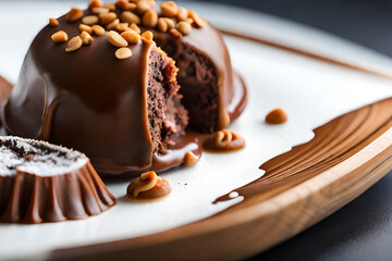 a chocolate truffle being bitten into, with a focus on the gooey center