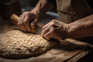 Obraz premium a baker, meticulously shaping and scoring bread for a basket weave pattern, created with generative ai