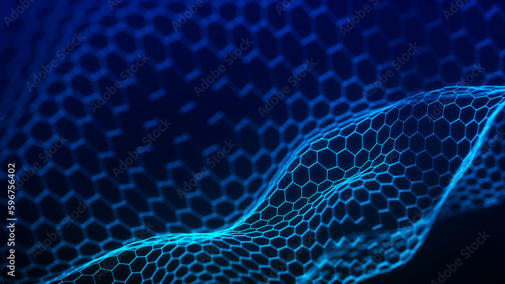 Poster futuristic hexagon background. futuristic honeycomb concept. wave of particles. 3d rendering. data t